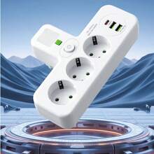 欧标插头电源排插，带3个交流电源插座、2个USB接口和1个Type-C接口，六合一插头插座适配器，无线墙充，适用于家庭办公室 - 查看 9