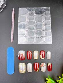 10片手工美甲贴纸，红色短梯形，香氛风格，法式美甲，按压式美甲贴纸，适合新年、情人节、UV灯美甲、夏季、日常佩戴，优雅设计，高端法式风格，凝胶抛光