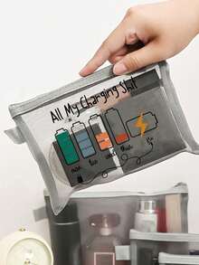 Bolsa organizadora multicolorida em tela com tema "Todos os meus carregadores", bolsa transparente com zíper para guardar cabos de carregamento, cosméticos, lanches e medicamentos. Bolsa portátil em tela para organização diária, viagens e para presentear entusiastas de tecnologia. Bolsa de armazenamento funcional em tela, ideal para organizar cabos, acessórios, lembrancinhas, presentes de aniversário, presentes de Natal e presentes de Páscoa. - Multicolorido - Ver 5