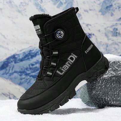 Men's Snow Boots, New Winter High-Top Thick Fur Lining Warm Boots, Thick Sole Anti-Slip Leather Boots, Outdoor Hiking Shoes With Rotating Button Design, Classic Mid-Calf Fur Collar Boots, Anti-Slip Thick Sole, Super Cold-Resistant, Ideal For Outdoor, Cold Storage, Freezer Work, Enjoy The Snowy World In Winter