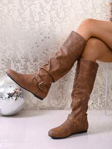 Sepatu Bot Vintage Baru dengan Ujung Bulat, Detail Gesper, dan Resleting Samping, Musim Gugur - Coklat - View 4
