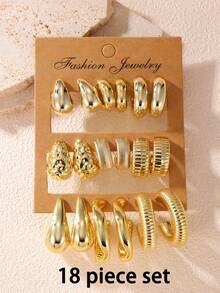 2-18pcs Fashionable & Elegant Geometric Water Drop C-Shaped Threaded Gold Tone Earrings Set, Suitable For Women's Daily Wear, Multi-Functional Earrings For Party, Date, Holiday And Travel - Gold - View 7