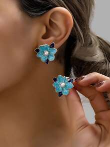 1对时尚花朵耳钉，适合女性日常佩戴 - 藍色 - 查看 6