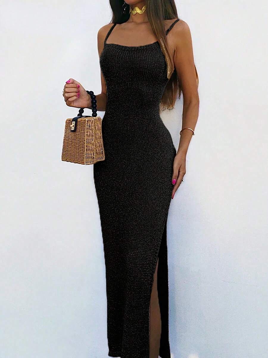Solid Color Lace-Up Open Back Sexy High Slit Maxi Knit Dress - Black - View 1