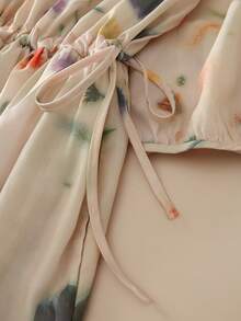 Women's Casual Elegant Bohemian Style Mid-Length Dress, V-Neck Half Sleeve, Drawstring Design, With Pockets, Semi-Sheer Woven Fabric, Creating A Retro Look - Multicolor - View 7