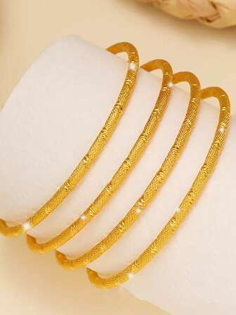 6pcs Luxury Golden Bangle Bracelet Set, Copper 24K Gold Plated Wave Texture Section Embossing Pattern Open Cuff Bangle Bracelet Hand Jewelry Decoration Set