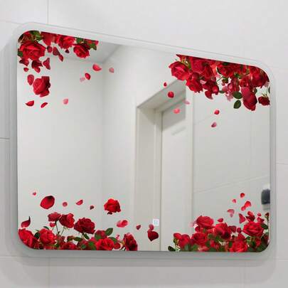 Bathroom Red Rose Glass Mirror Sticker - Romantic Floral Bathroom Decor Sticker | Removable Shower Mirror Art | Vibrant Color No Residue Bathroom Wall Gift