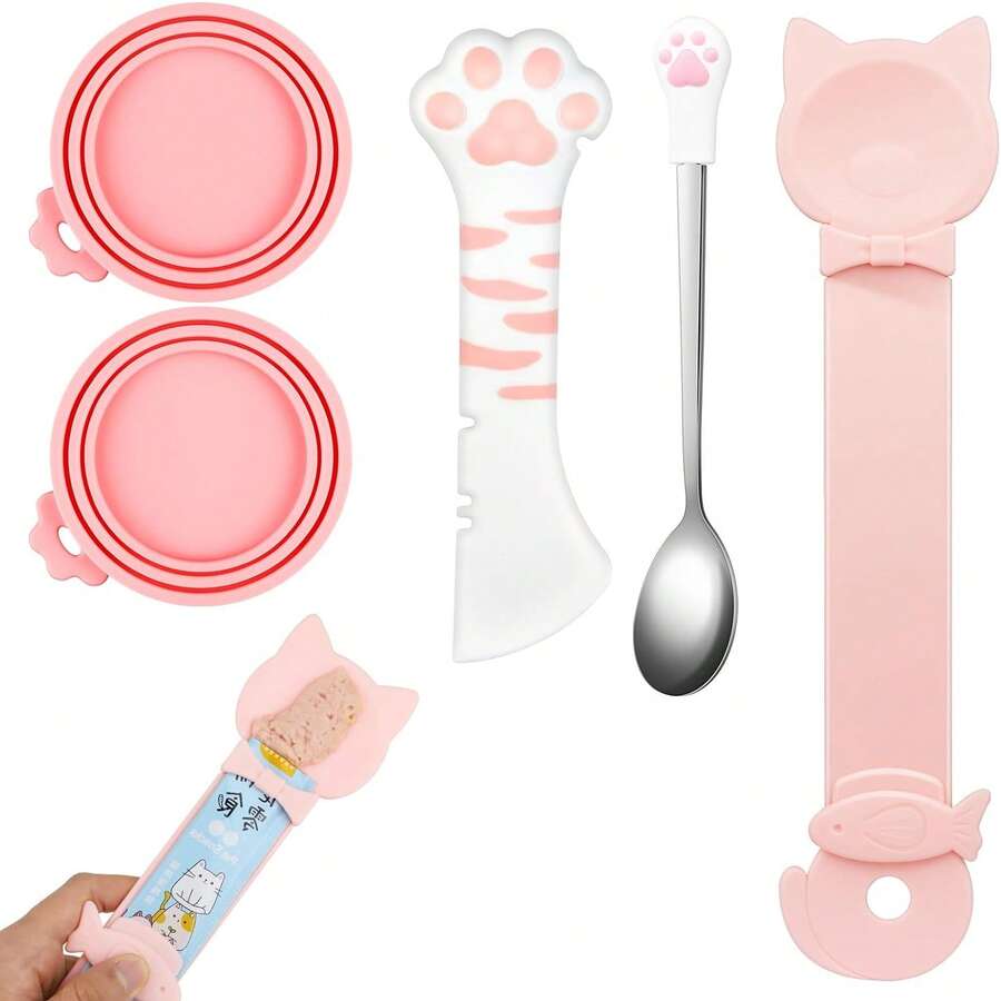 5pcs Pet Food Can Lid Set, Silicone Pet Food Can Covers With Multi-Function Cat Food Scoop And Can Opener, Cat Squeeze Dispenser, Stainless Steel Wet Food Spoon For Cats And Dogs - Multicolor - View 1