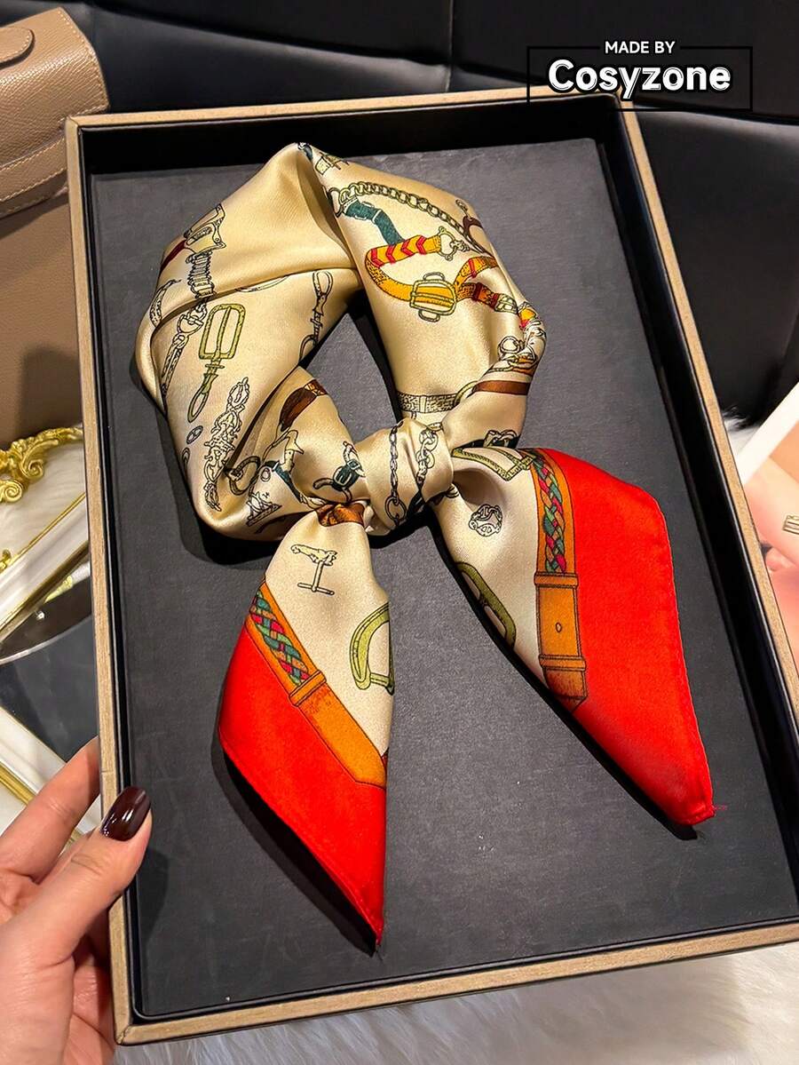 1条优雅链条印花70厘米丝滑小方巾，女士时尚百搭头巾、腰带、包包装饰围巾，适合日常佩戴 - 紅色 - 查看 1