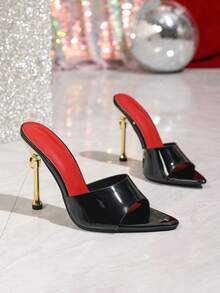 Women's New Pointed Toe Mirror Black High Heel Shoes, Comfortable Soft Lightweight Kitten Heel Fashionable Office Lady Sandals, Spring/Summer - Black - View 4