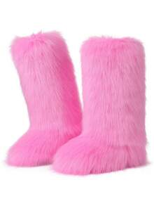 EdgyElongate Women's Winter Christmas Fur Boots Fuzzy Fluffy Round Toe Suede Booties Flat Heel Slip On Furry Snow Boots Fashion Warm Fluffy Shoes - Hồng dài - Xem 7