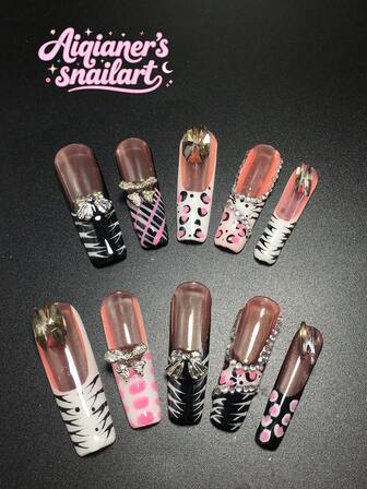 Each Set Consists Of 10 Pieces Of Y2K Square Handmade Acrylic Armor Plates, Designed In French Style With Rhinestones, Leopard Print, Stripes, And Bow Decorations. There Are Multiple Color Options Available, Including Nude And Multi Tone Options. 3 Sizes To Fit, Suitable For Christmas, Parties, Dances, And Daily Wear. Comes With A Nail Kit, Making It An Ideal Press On Nails Gift For Ladies And Girls.