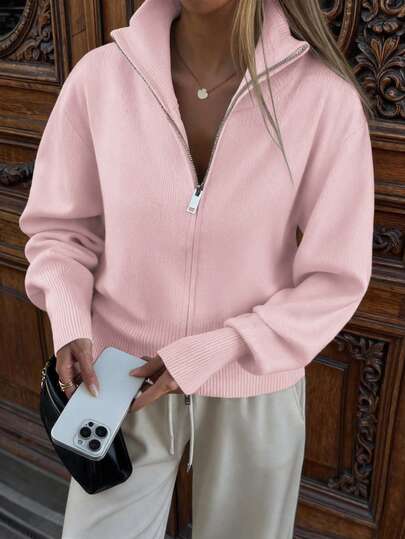 Live To Mo Damen Winter Pullover, Business Casual, Pendler Mode Langarm Reißverschluss Strickjacke, Essentiell für tägliche Ausflüge Pink