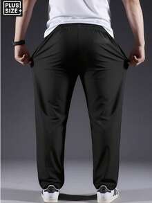 男士加大码春夏运动裤，高弹冰丝面料，轻盈透气直筒裤，尺码6XL，男士慢跑裤，带拉链口袋，反光印花，适合健身、跑步、户外、休闲穿着，父亲节礼物，男士礼物，黑色 - 黑色 - 查看 5