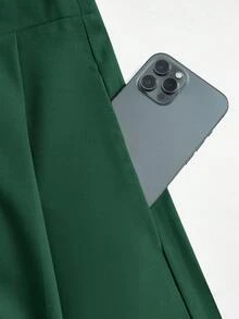 女士高腰褶裥印花半身裙，配装饰腰带，春季款 - 墨綠色 - 查看 2