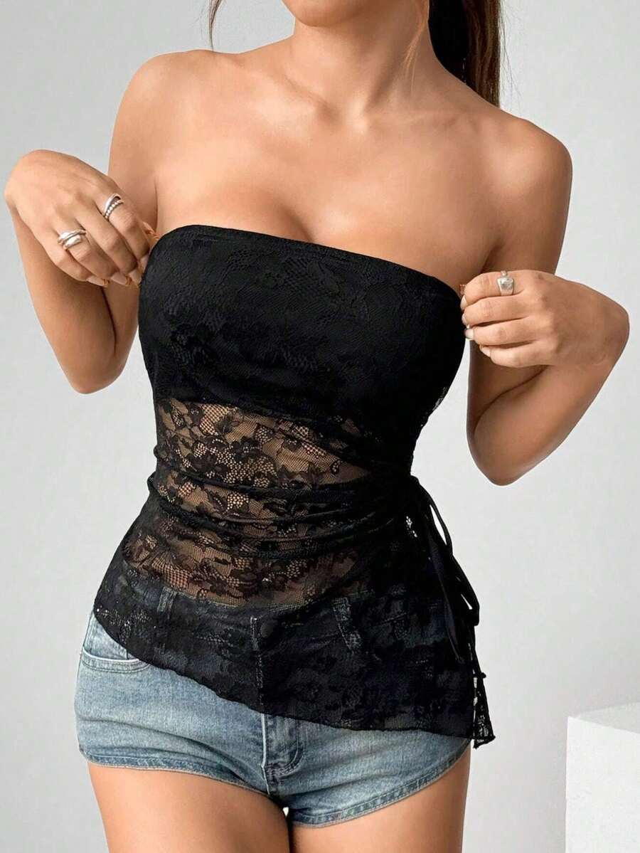 Women's Strapless Cropped Top, Transparent Lace Blouse With Side Tie, Sensual Party Style - Negro - Ver 1