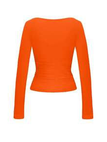 Vaiaye 女士春夏性感修身长袖针织上衣，纯色方领T恤，休闲百搭，简约日常休闲装 - 橘色 - 查看 4