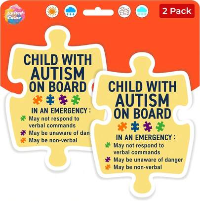 United By Color Child With Auti On Board Stickers, 2 Pack (6 Inch) \U2013 Auti Awareness Car Decals With Bright Jigsaw Design, Waterproof UV Resistant Vinyl \U2013 Used For Cars &Amp; Trucks