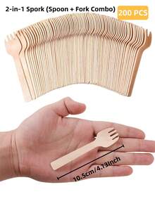 50/100/200/400pcs 4-Inch Wooden Fork & Spoon Combo Set, Disposable Birchwood Forks, Wooden Cutlery For Cake, Ice Cream, Birthday Party, Camping, BBQ, Wedding, Outdoor Events - Multicolor - View 13