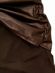 女士纯色无袖迷你连衣裙+前系带PU装饰两件套，优雅纯色打结荷叶边下摆夏季 - 咖啡棕 - 查看 3