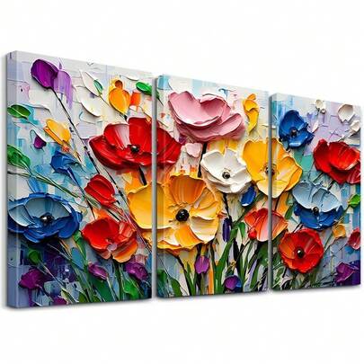 三联盛开的彩色花卉帆布画，家居装饰，抽象纹理墙面艺术装饰，花卉风景印刷海报，房间美化画，节日礼物，客厅、卧室、办公室墙面艺术，无框，50x70厘米/19.68x27.55英寸