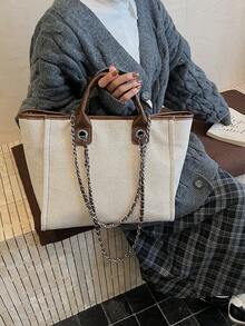 Large Capacity Women Tote Bag, European And American Style Handbag With Shoulder Strap And Chain - Khaki - View 2