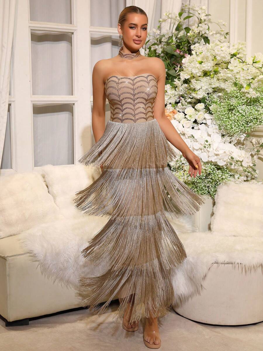 Nuevo vestido de fiesta con hombros descubiertos, sin mangas, espalda descubierta, con flecos y adornos de strass en color albaricoque. Vestido de gala elegante para boda, dama de honor, fiesta de cumpleaños, cóctel de noche