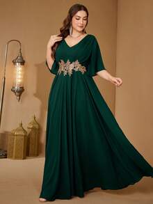 UNITHORSE V-Neck Ruffle Sleeve Waist Applique Chiffon Evening Gown Dress - Dark Green - View 1