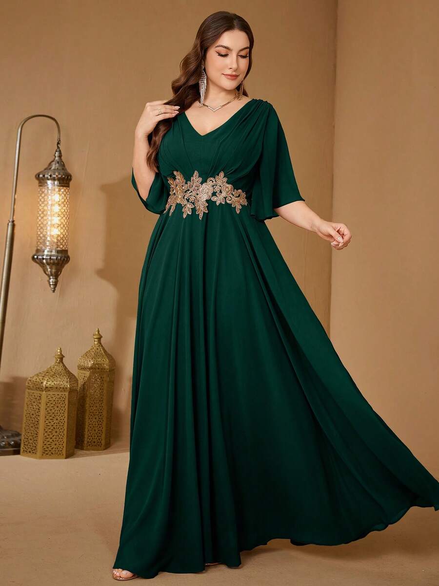 UNITHORSE V-Neck Ruffle Sleeve Waist Applique Chiffon Evening Gown Dress - Dark Green - View 1