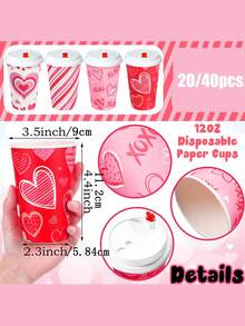 Valentine's Day Disposable Paper Cups With Lids – 12 Oz, Mixed Styles 20 Or 40 Pack; Heart-Printed Coffee Cups Ideal For Valentine's Day Celebrations, Romantic Occasions, Cafe Service, And Gift Exchange Events - Multicolor - View 2