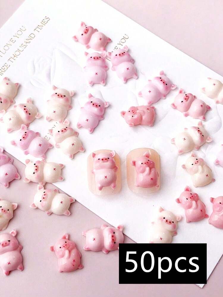 50件美甲DIY卡通立体装饰树脂可爱小猪日韩系可爱风格美甲饰品1包多种颜色和形状混合指甲饰美甲用品美甲宝石 - 彩色 - 查看 6