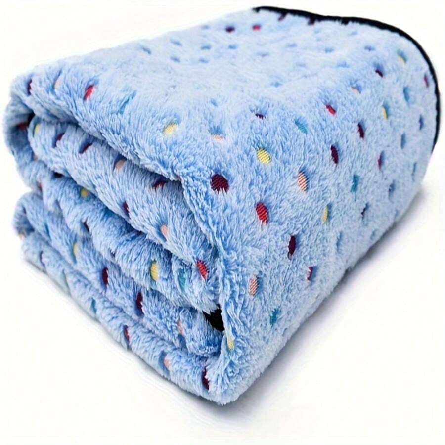 Blue Polka Dot Bordered Pet Blanket, Coral Fleece Flannel Dog Cat Bed Mat Pad Throw - Blue - View 1