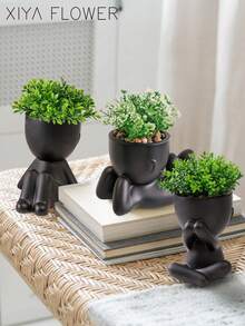1/3pcs Artificial Succulent Plants, Single Piece Small Human Shaped Succulent Planter, 3 Styles Available, Black Vase, Cartoon Design, PP/PE Material, Green, Desktop Decor, Home Decor, Garden Decor, School, Valentine's Day Gift, Dorm, Office Decor - Black - View 10