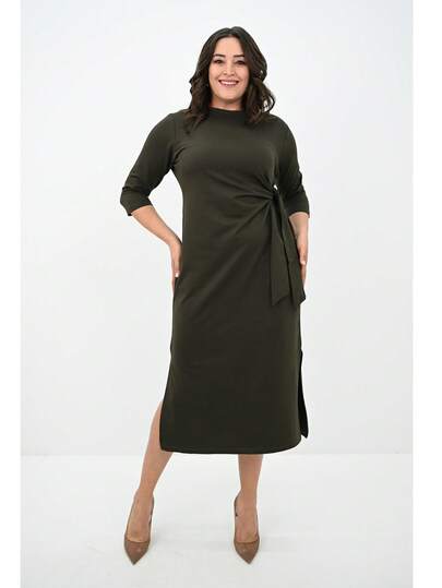 Plus Size Elegant Commuter Solid Color Side Slit Tie Waist Dress