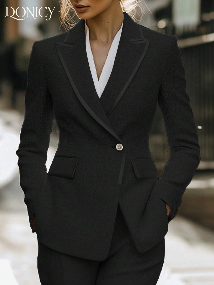 DONICY Damen Einfarbige Revers Langarm Doppelreiher Elegante Blazer, PREMIUM strukturierter Blazer, melierter Geschäftsanzug Top - Schwarz - Übersicht 1