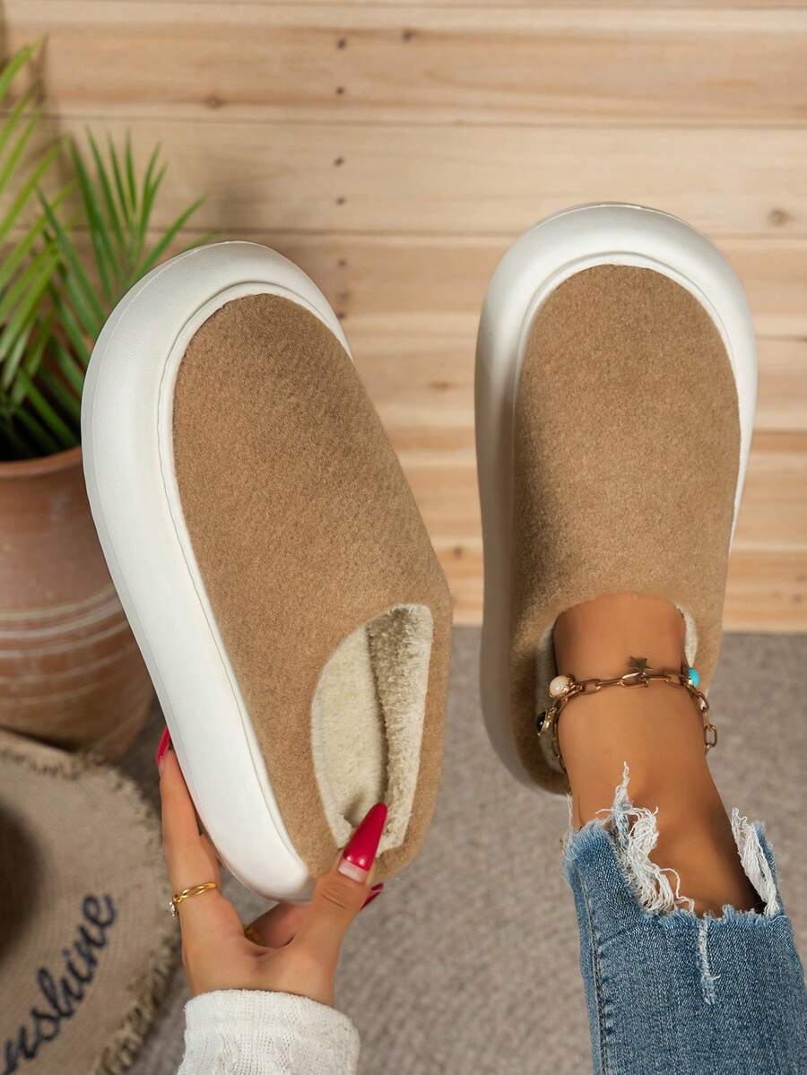 Teenage Girls' Autumn/Winter New Plush Thickened Slip-On-On High Heel Thick Bottom Casual Versatile Indoor Warm Slippers - Brown - View 1