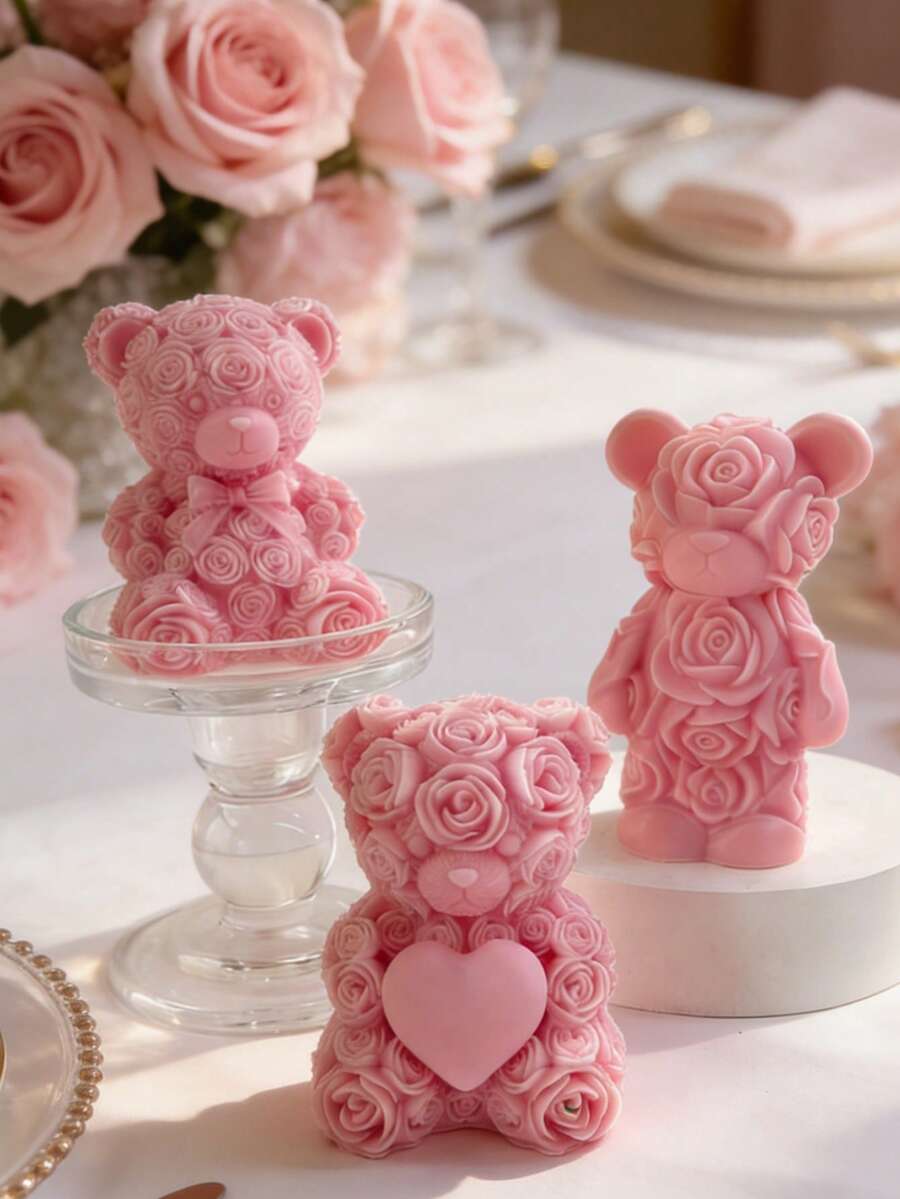 1 pieza Vela de cera de soja con oso de rosa 3D hecho a mano, crea un ambiente romántico, adecuado para el Día de San Valentín, bodas, fiestas, regalos festivos, decoración creativa con oso con forma de corazón - Multicolor - Ver 1