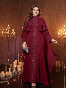 UNITHORSE Plus Women's Stand Collar Floating Piece Long Sleeve Heavy Industry Hot Drilling Slim-Fitting Butt-Hugging Knit Burlap Evening Dress - Burgundy - View 1