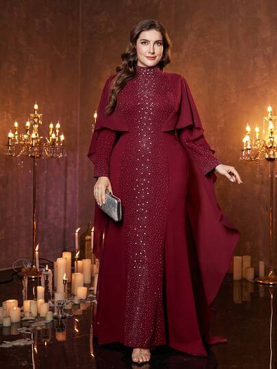  UNITHORSE Plus Size Women's Stand Collar Sequin Embellished Long Sleeve Fitted Formal Dress