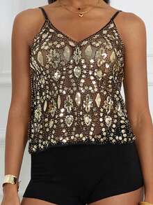 Women's Summer Sequin Camisole Vest With Sheer Embroidered Beads Retro   See Through V Neck Fashion For Nightclubs Banquets Nightlife Vacations Casual Wear  Everyday Wear  And Birthday Parties - 黑色 - 查看 4
