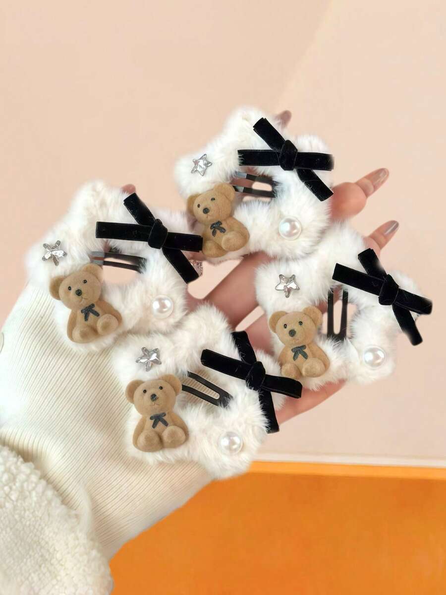 4pcs/Set Soft Cute Star Knitted Felt Hair Clips Set, Including Velvet Bow, Rhinestone Star, And Round Pearl - Suitable For Girls And Women, Can Match Sweet, Fresh, And Fashionable Styles, Suitable For Daily Wear And Party - Multicolor - View 1