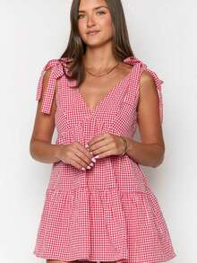 Women Y2k Plaid Mini Dress Spaghetti Strap Sleeveless A Line Beach Sundress Gingham Babydoll Dress - 紅色 - 查看 5
