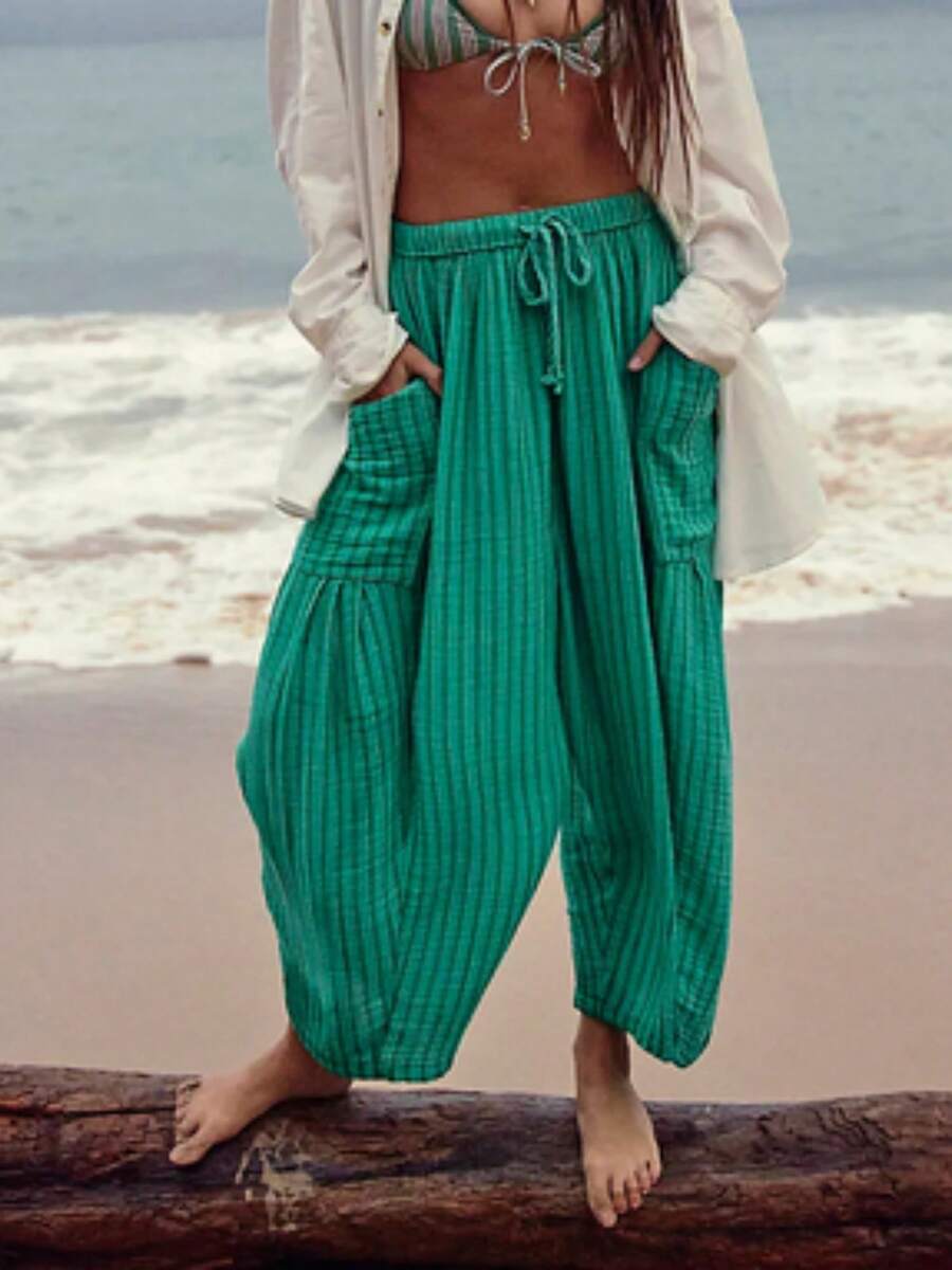 Womens Striped Wide Leg Pants Loose Fit Elastic Waisted Drawstring Trousers Comfortable Casual Daily Wear - 綠色 - 查看 1