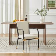 Juego de 2 sillas de comedor modernas con reposabrazos, sillas tapizadas estilo escandinavo, estructura negra y detalles dorados, cojín de tela color crema para la mesa del comedor - Beis - Ver 5