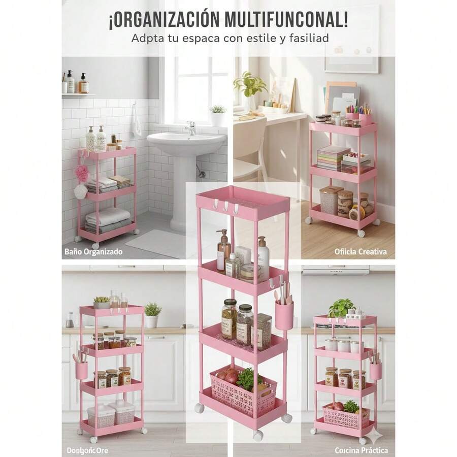Organizador multiusos de 4 niveles, con ruedas que facilitan su movilidad, se adapta a cualquier espacio del hogar - Rosa Fucsia - Ver 1