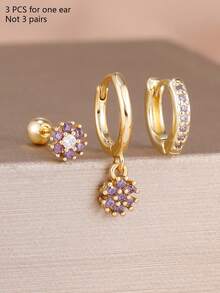 3 pièces Boucles d'oreilles fleuries en cristal violet avec petits grains, plaqué or 18 carats en acier inoxydable, boucles d'oreilles à créoles romantiques pour femmes et filles, cadeau de mariage