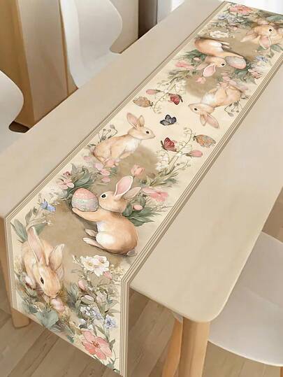 1pc Vintage Easter Table Runner, Featuring Rabbit, Eggs And Floral Patterns, 35*180cm Polyester Farmhouse Style Easter Table Runner, 2026 Easter Home Decor, Kitchen Dining Table Decoration, Spring Holiday Decor