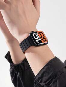 Magnetic Watchband Compatible With Apple Watch Band 49mm 46mm 45mm 44mm 42mm 41mm 40mm 38mm Thin Silicone Replacement Wristband Strong Magnet Link For I Watch SE SE2& Series 10/9/8/7/6/5/4 Ultra 2 - Black With Wine Red - View 7