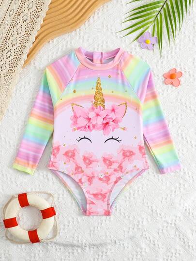 Traje de baño de una pieza de manga larga con estampado de unicornio lindo para niña