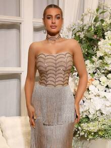 Nuevo vestido de fiesta con hombros descubiertos, sin mangas, espalda descubierta, con flecos y adornos de strass en color albaricoque. Vestido de gala elegante para boda, dama de honor, fiesta de cumpleaños, cóctel de noche